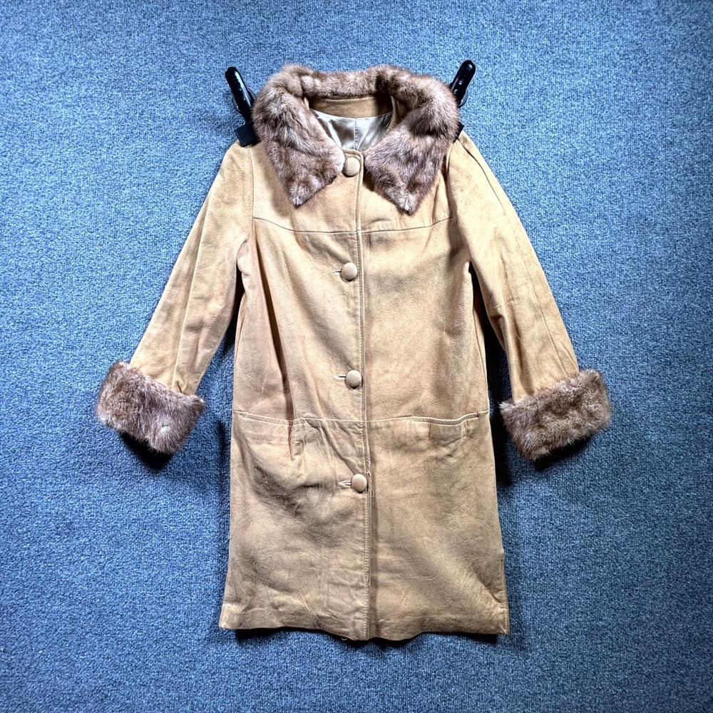 Vintage Trench Coat Womens 8 Tan Suede Faux Fur Collar Cuffs Winter Streetwear